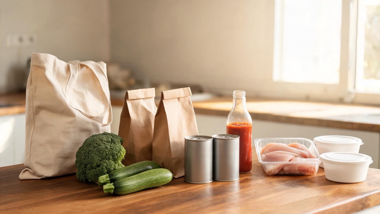 Weekboodschappen voor meal prep op het aanrecht: tas, broccoli, courgettes, zakken rijst en havermout, blikken kikkererwten, passata, kipfilet en kwark