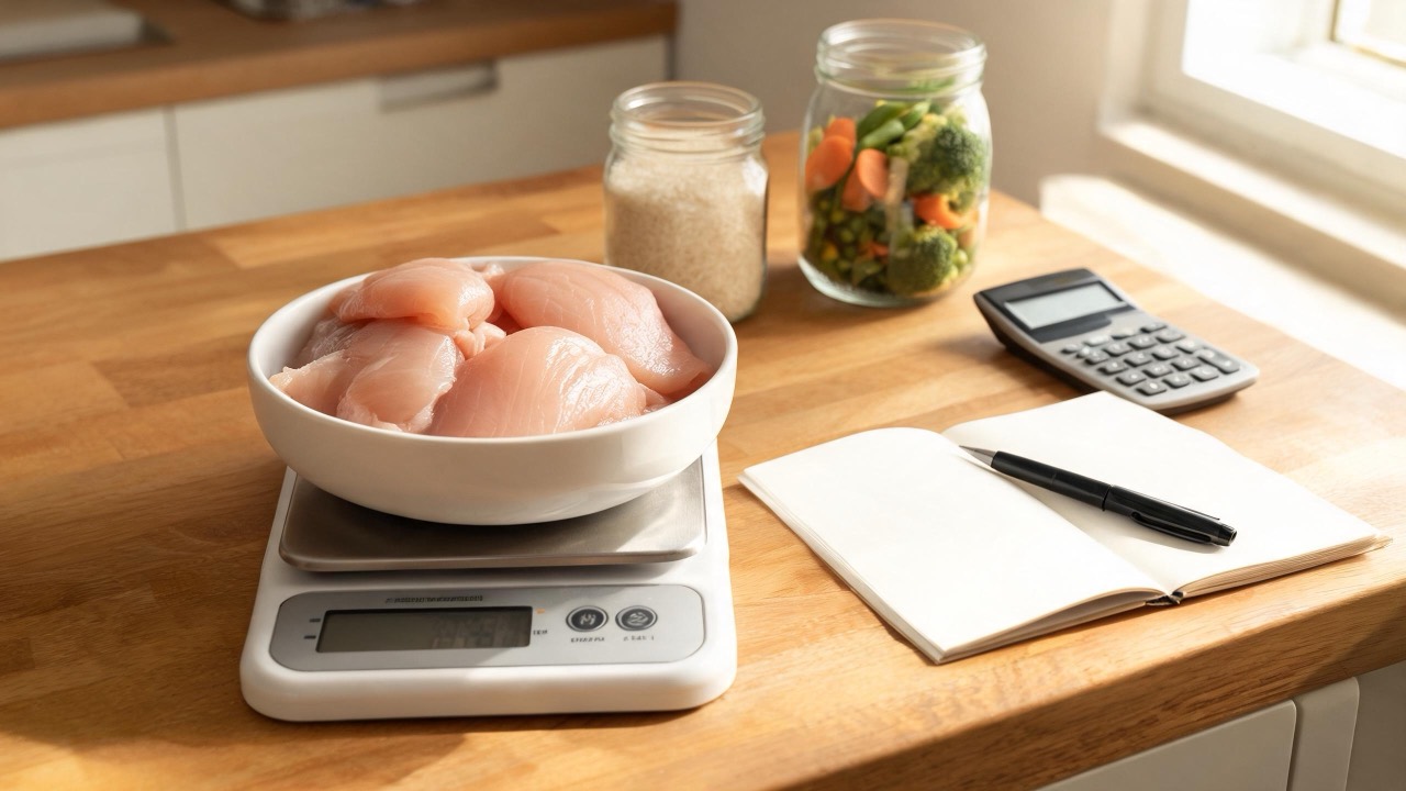 Keukenweegschaal met kipfilet naast een notitieboek met macro-berekeningen en gevulde meal prep bakjes