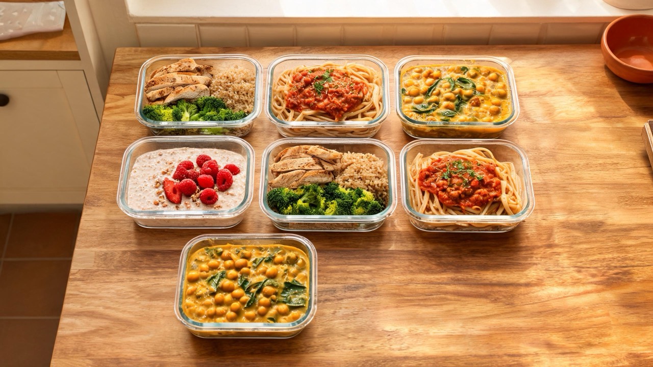 Zeven zelfgemaakte prep meals in glazen bakjes op een houten aanrecht, klaar voor de week